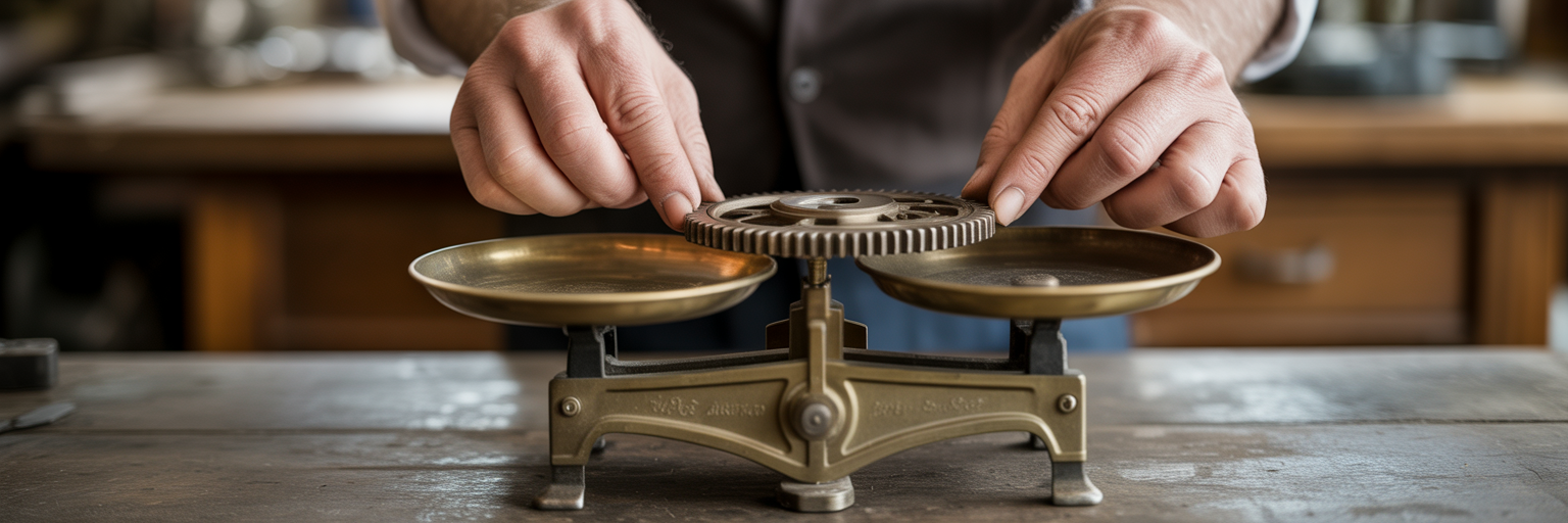 Hands weighing gears on scale.