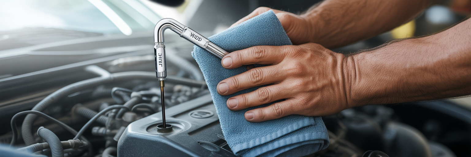 Hands wiping an engine oil dipstick.