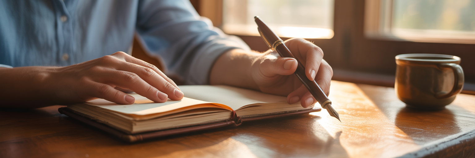 Hands with a pen and journal.