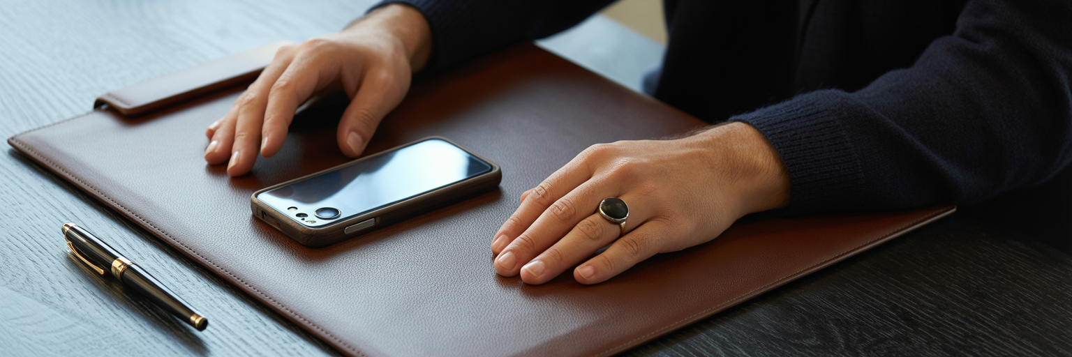 Hands with smart ring and luxury phone case on desk.