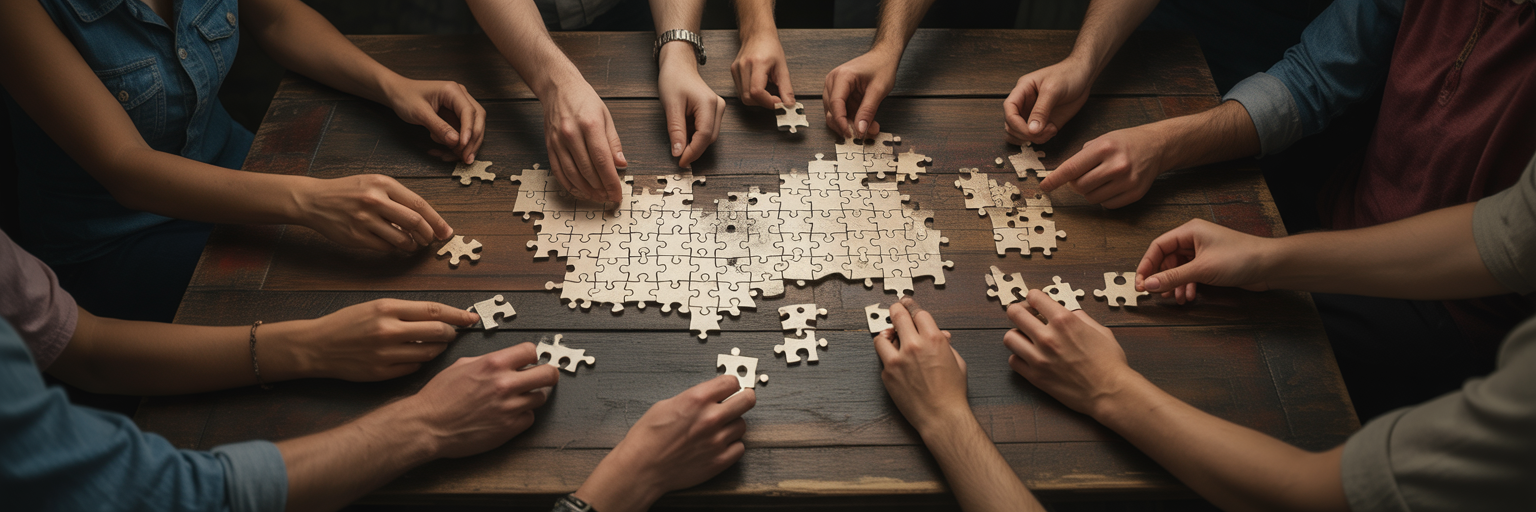 Hands working together on city map puzzle.