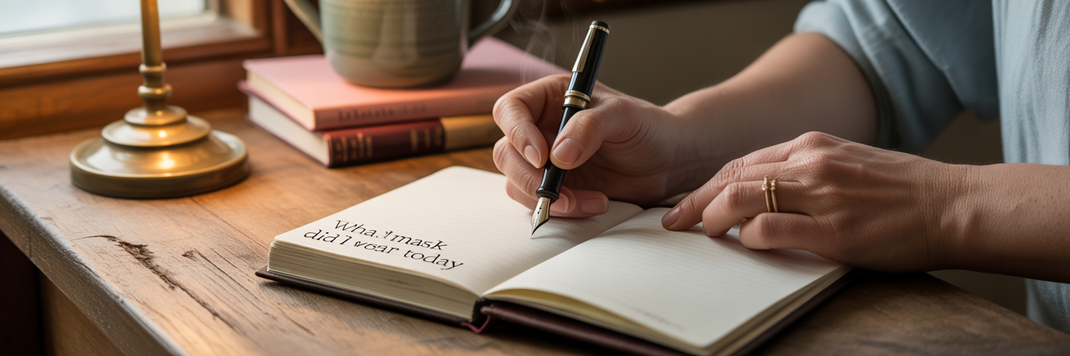 Hands writing in a personal reflection journal.