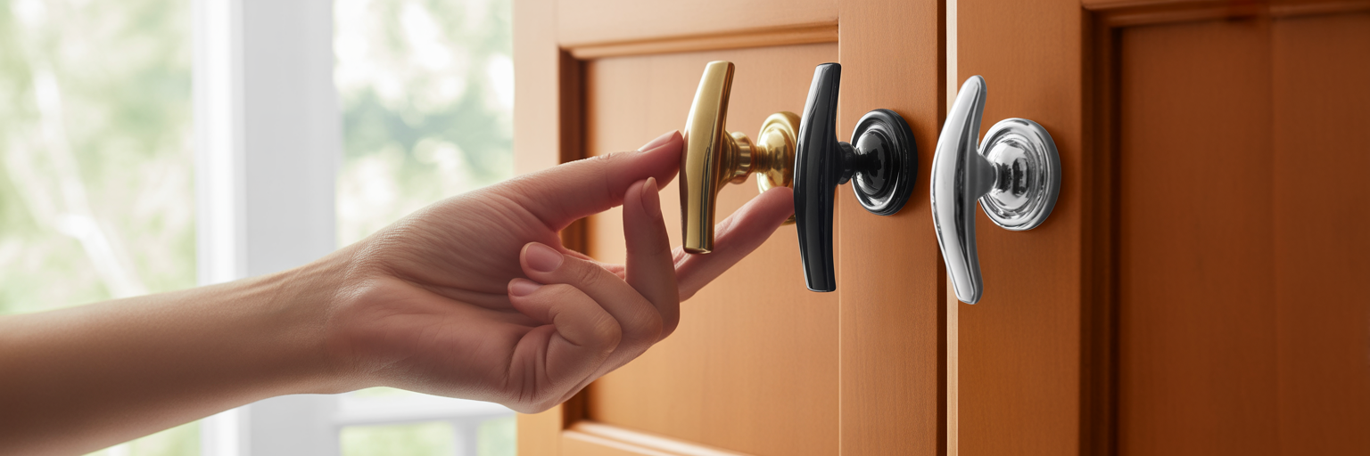 Hardware samples against wood cabinet door