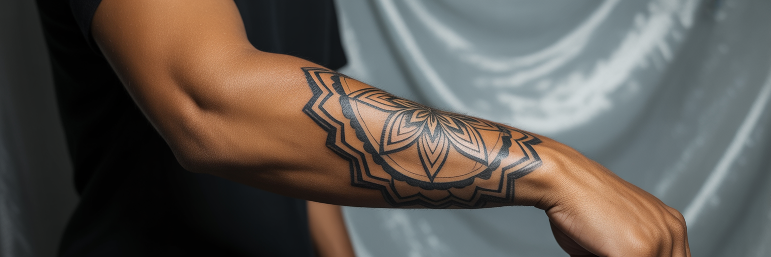 Healed bold mandala elbow tattoo