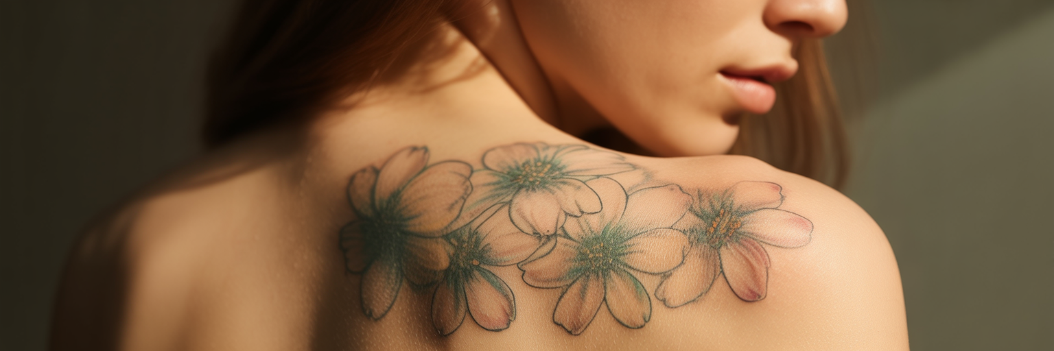 Healed fine-line floral tattoo on shoulder blade.