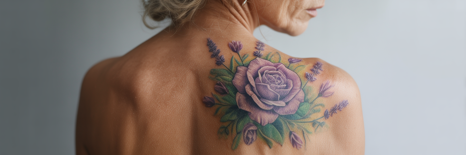 Healed floral tattoo on shoulder blade