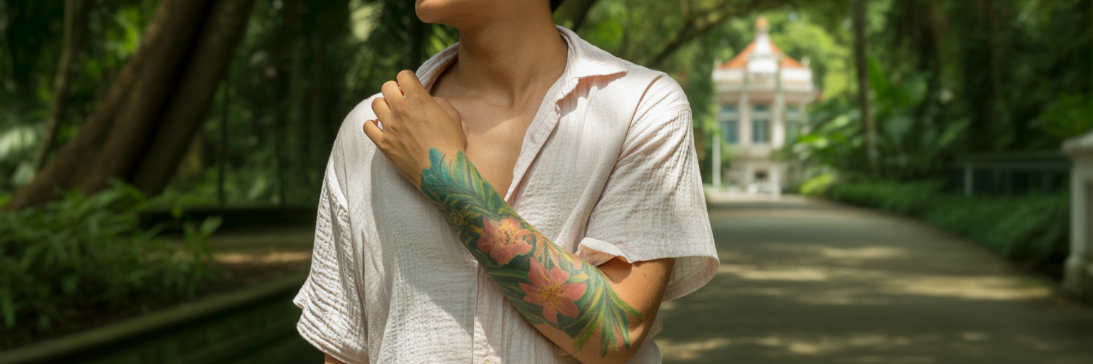 Healed tattoo protected by loose clothing.