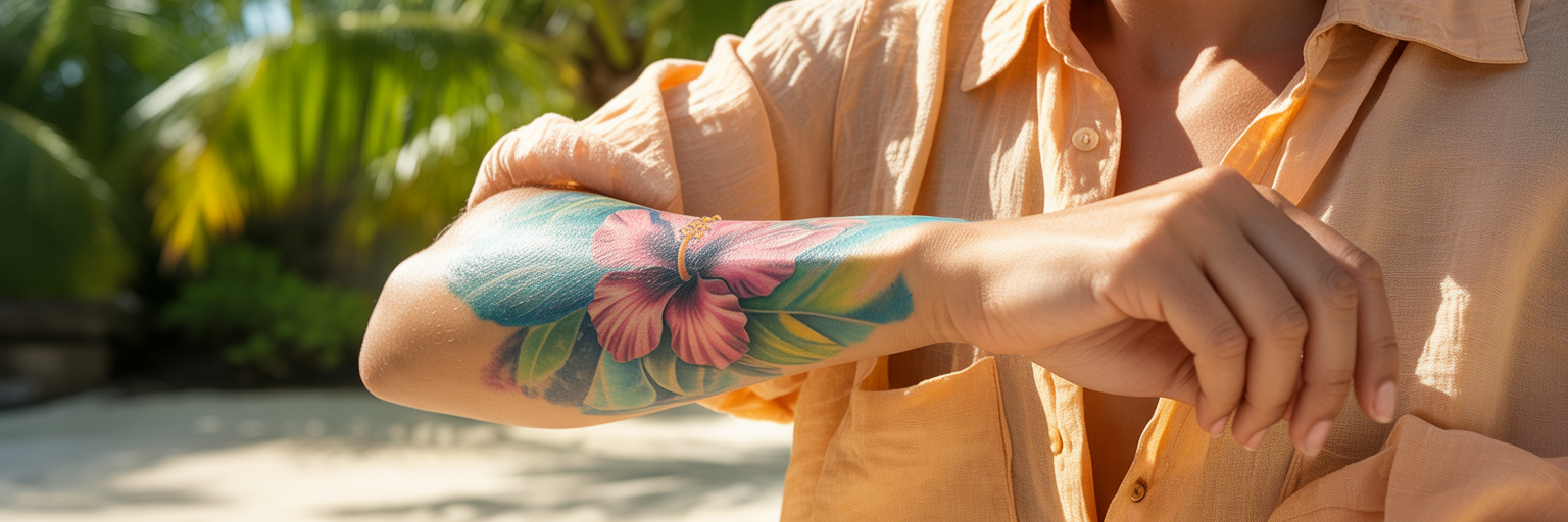 Healed watercolor tattoo under a linen shirt.
