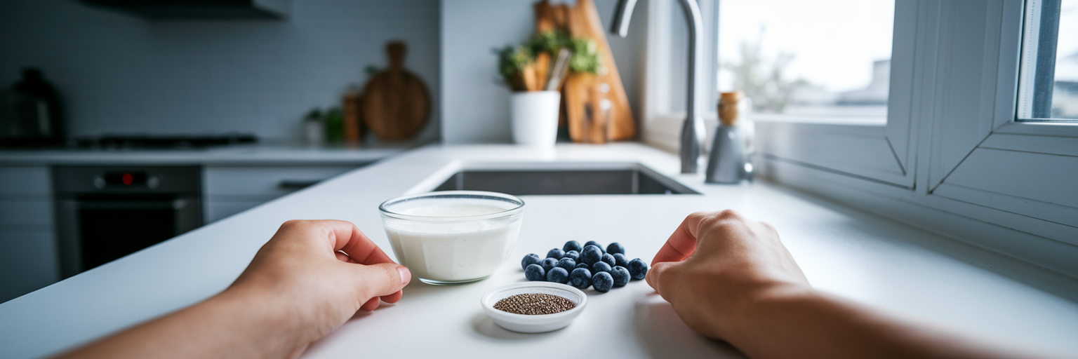 Healthy breakfast ingredients on a kitchen counter.