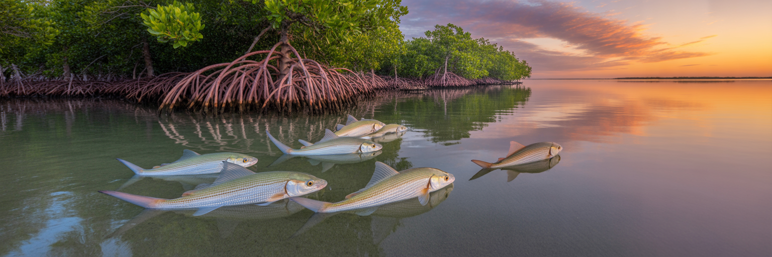 Healthy Florida mangrove shoreline at sunrise.