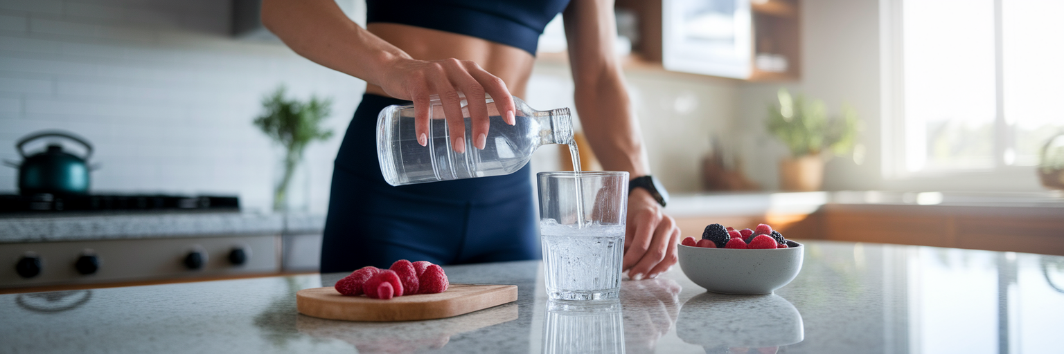 Healthy person in kitchen with supplements.