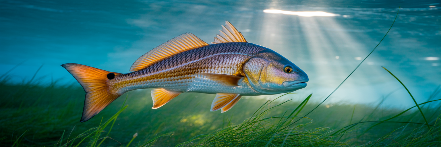 Healthy redfish swimming over seagrass bed.