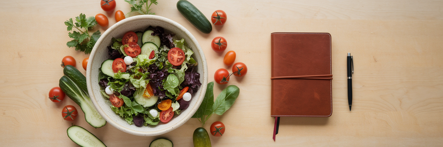 Healthy salad next to journal