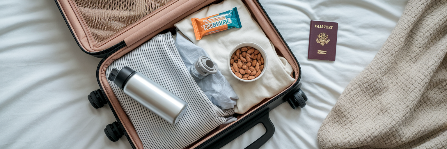 Healthy travel snacks packed in suitcase.