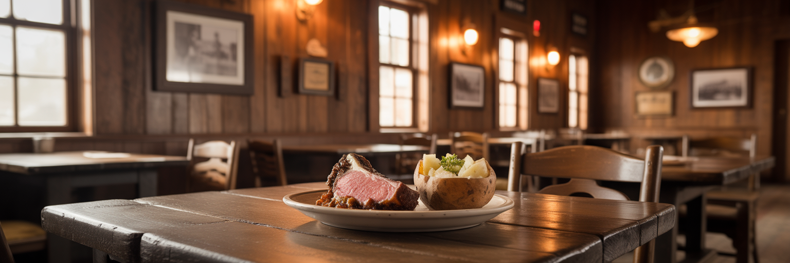 Hearty prime rib dinner in rustic restaurant