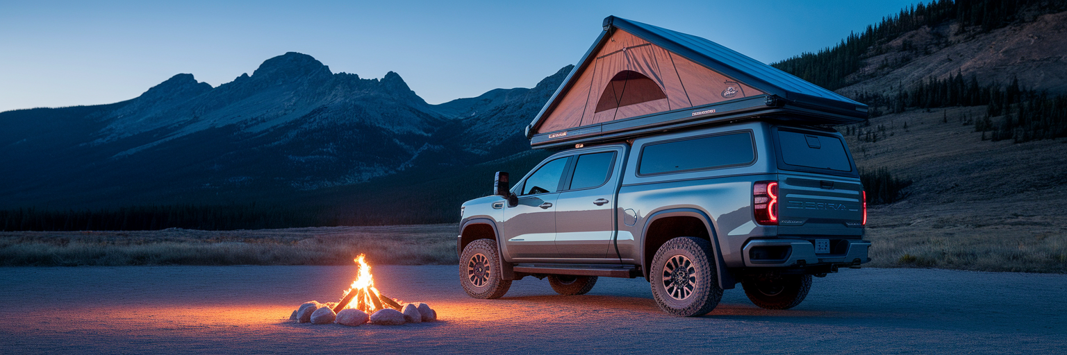 Heavy-duty overland truck at campsite.