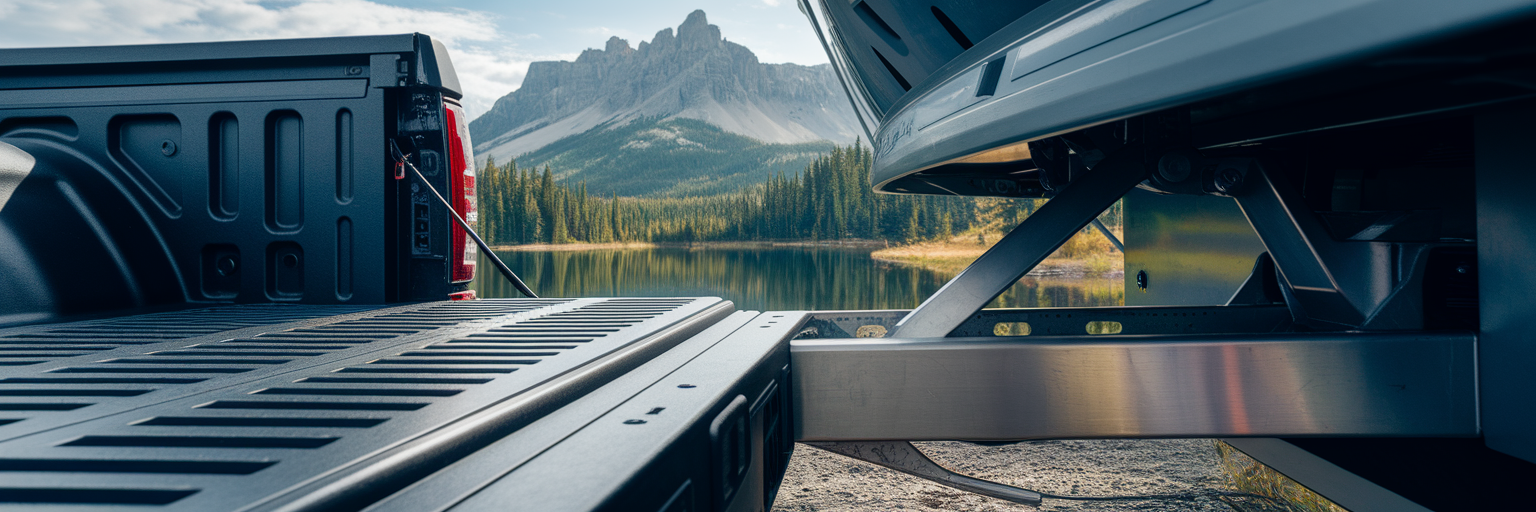Heavy-duty truck hitch connected to fifth-wheel trailer.