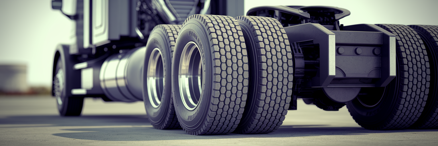 Heavy-duty truck suspension and tire detail.