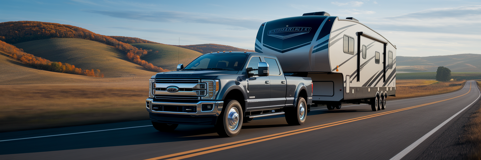 Heavy-duty truck towing large RV in autumn.