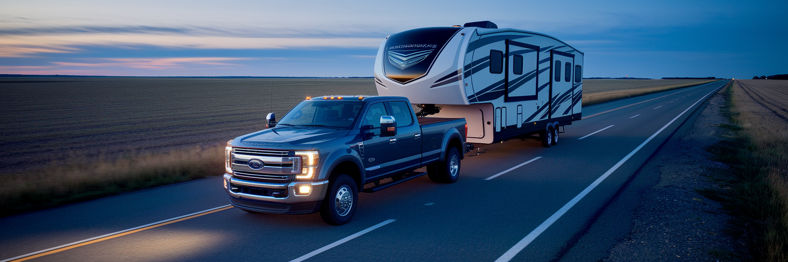 Heavy-duty truck towing RV at dusk.