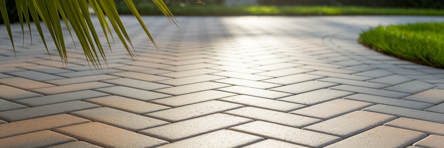 Herringbone paver driveway with coastal landscaping