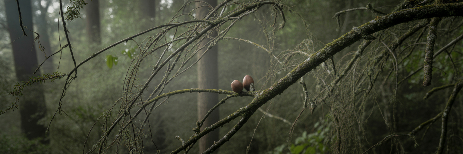 Hidden nuts on forest understory twigs.