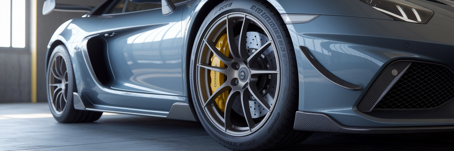 High-performance tire and brake on a sports car.
