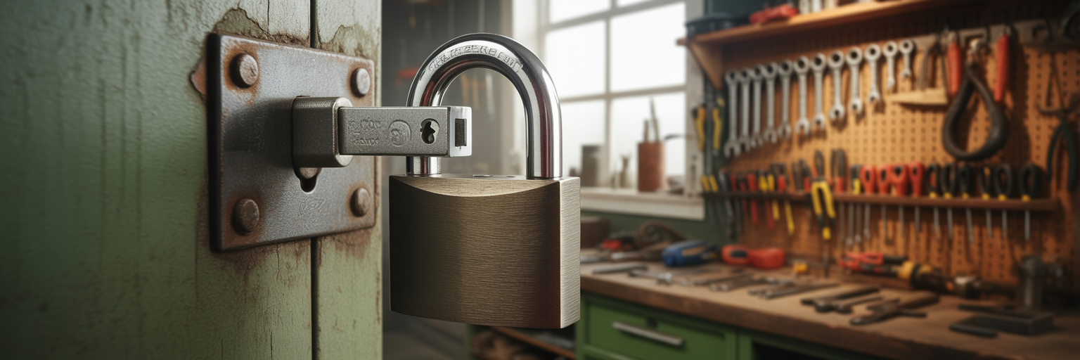 High-quality padlock securing a workshop cabinet.