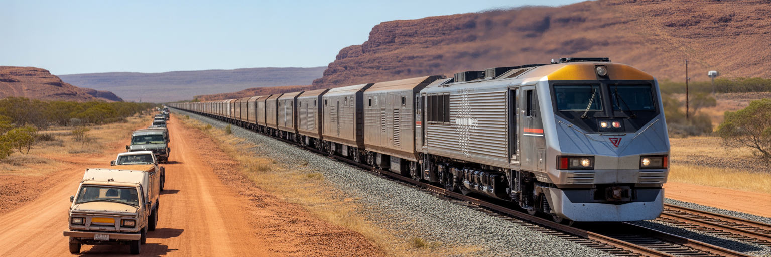High-speed train outpacing traffic in outback.