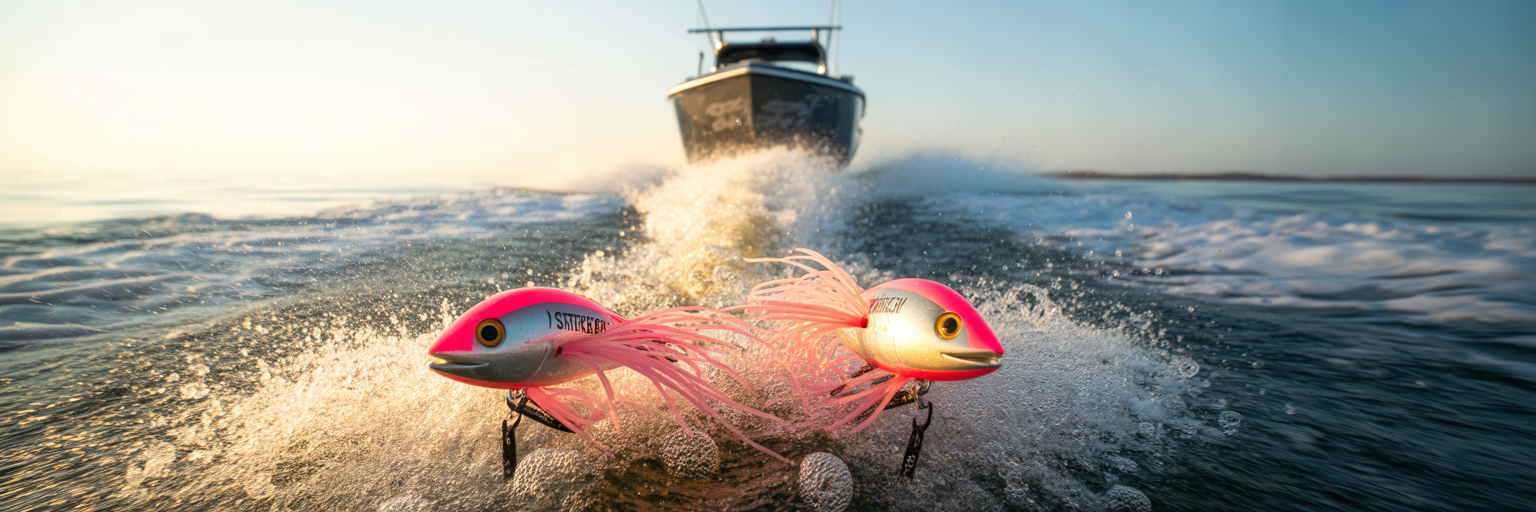 High-speed trolling lures in boat wake.
