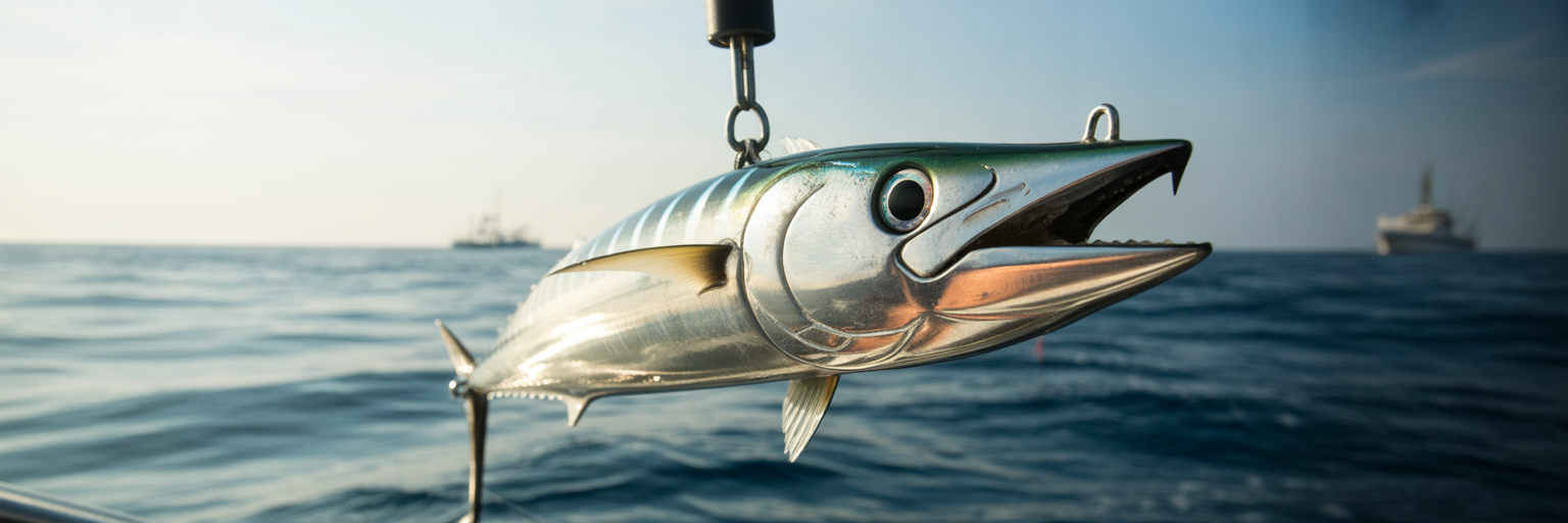 High-speed wahoo trolling lure with wire leader.