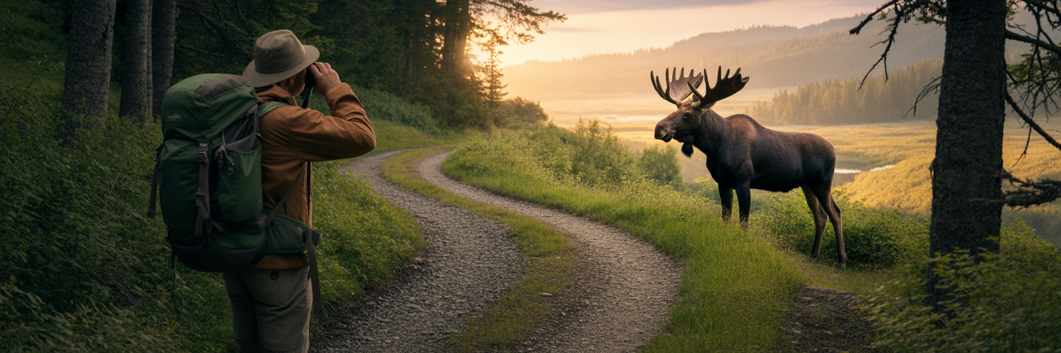 Hiker watching a moose from distance.