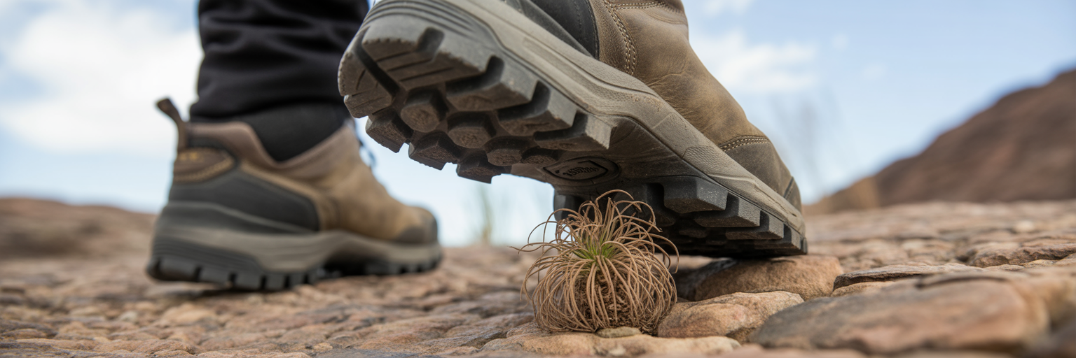 Hiking boot about to crush resurrection plant