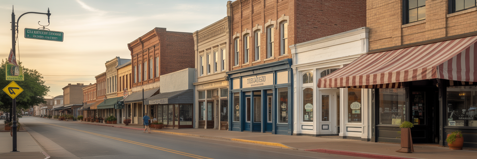 Historic downtown Longview Texas streetscape at sunset.