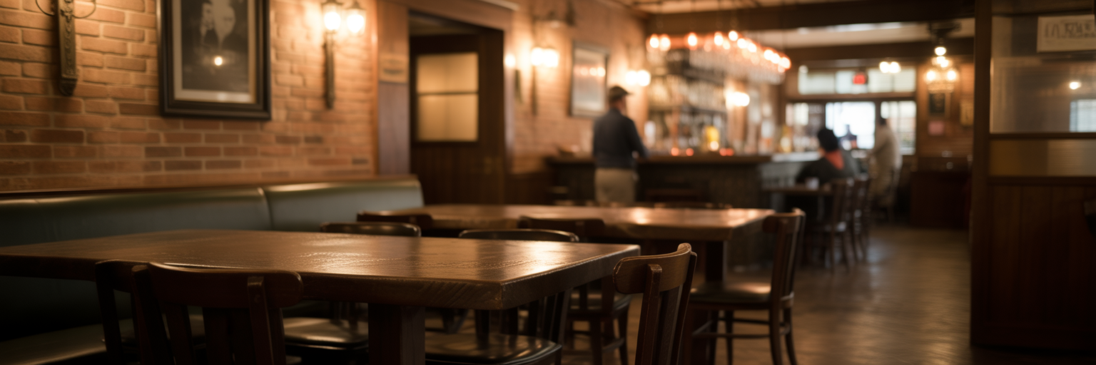 Historic restaurant interior with brick walls.