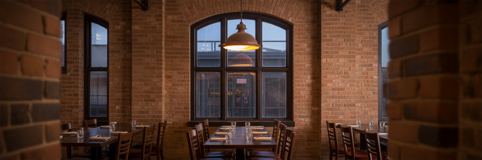 Historic Walla Walla restaurant interior at dusk.