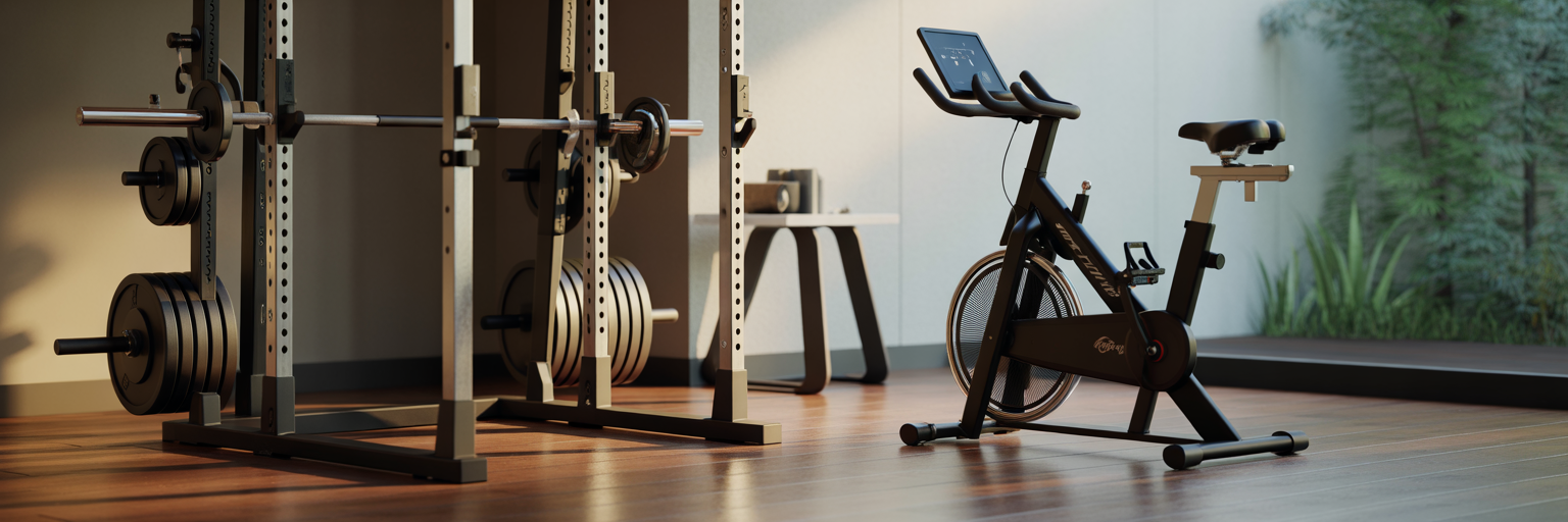 Home gym with strength and endurance equipment.