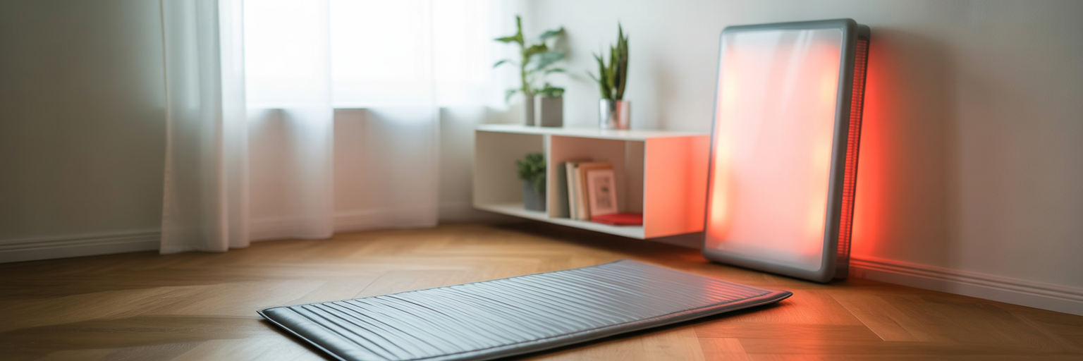 Home recovery setup with PEMF mat and red light panel.