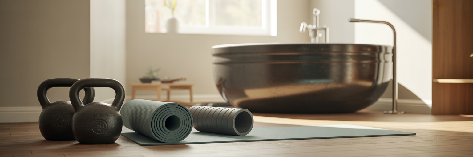 Home wellness corner with recovery tools.
