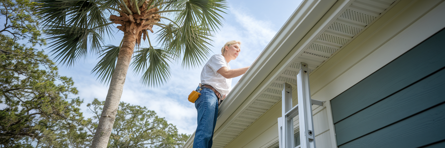 Homeowner inspecting gutters on a ladder.