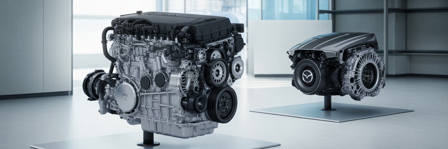 Honda hybrid and Mazda turbo engines displayed.