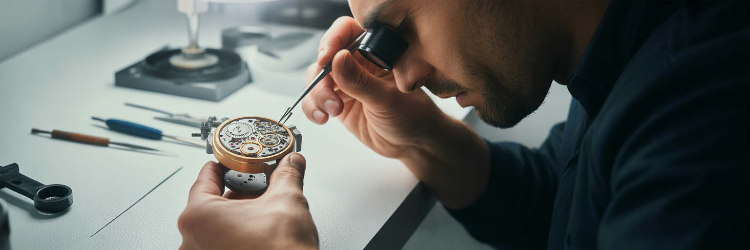 Horloger assemblant un mouvement de montre complexe.