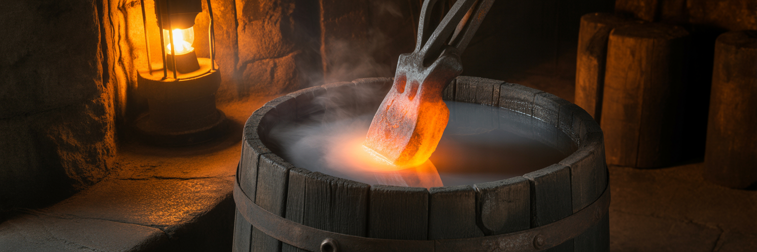 Hot metal being tempered in water.