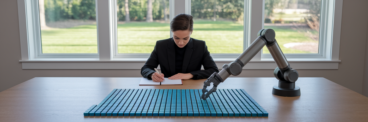 Human writing alongside a precise robot arm.