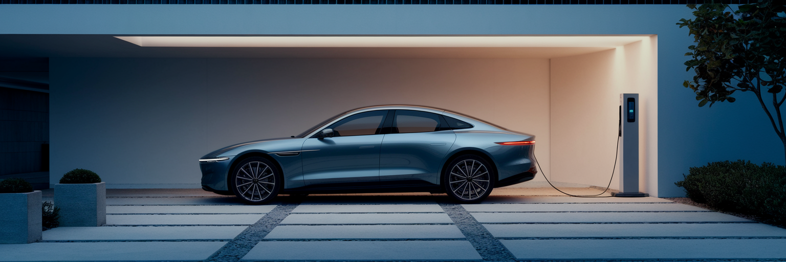 Hybrid sports sedan charging in garage.