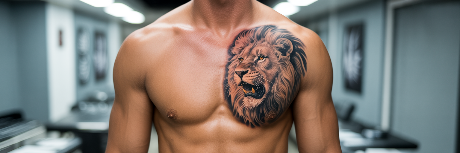 Hyper-realism lion chest tattoo.