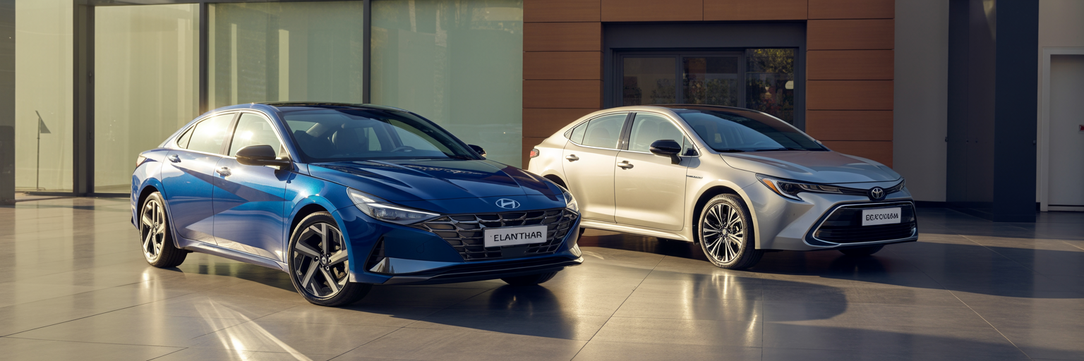 Hyundai Elantra Hybrid and Toyota Corolla Hybrid in showroom