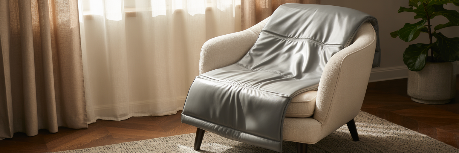 Infrared sauna blanket on armchair.