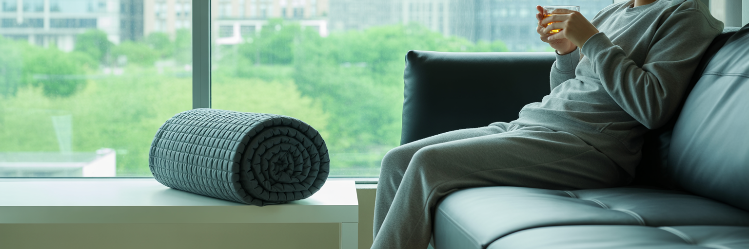 Infrared sauna blanket stored in a modern apartment.