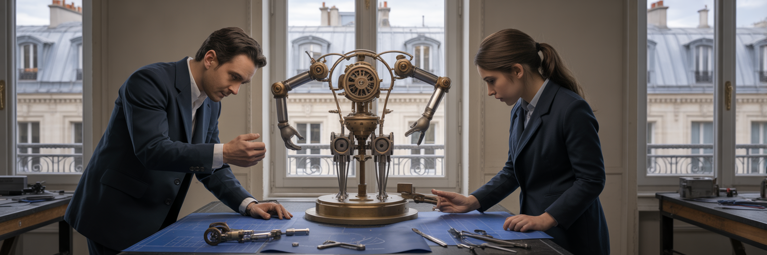 Ingénieurs français assemblant un agent IA métaphorique.